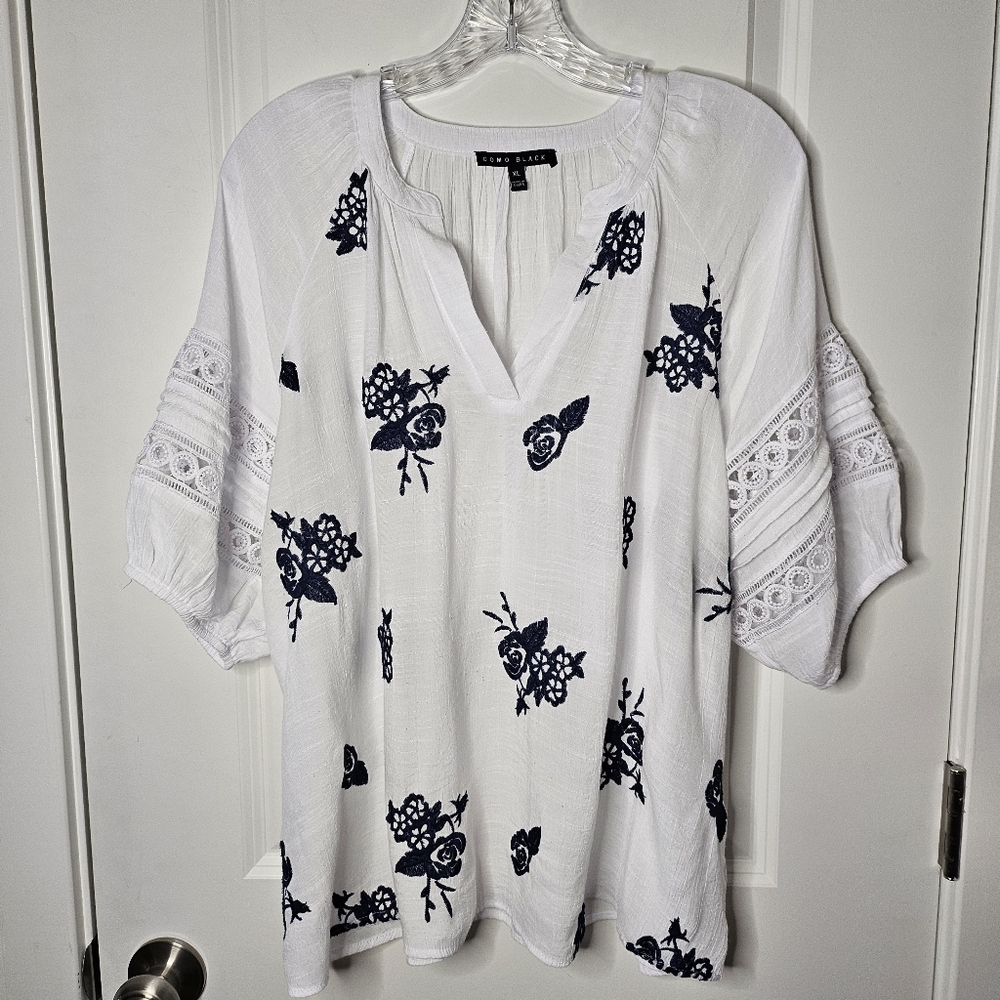 Como Blouse Black White Navy Embroidered Floral Boho Crochet Sleeve XL Loose - Picture 2 of 14